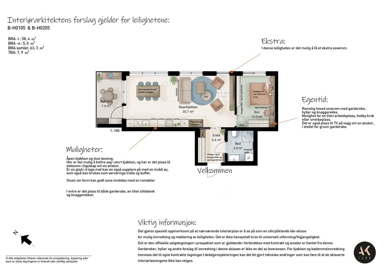 Interiørarkitekt har tegnet forslag til møblering av leiligheten. Galleribilde