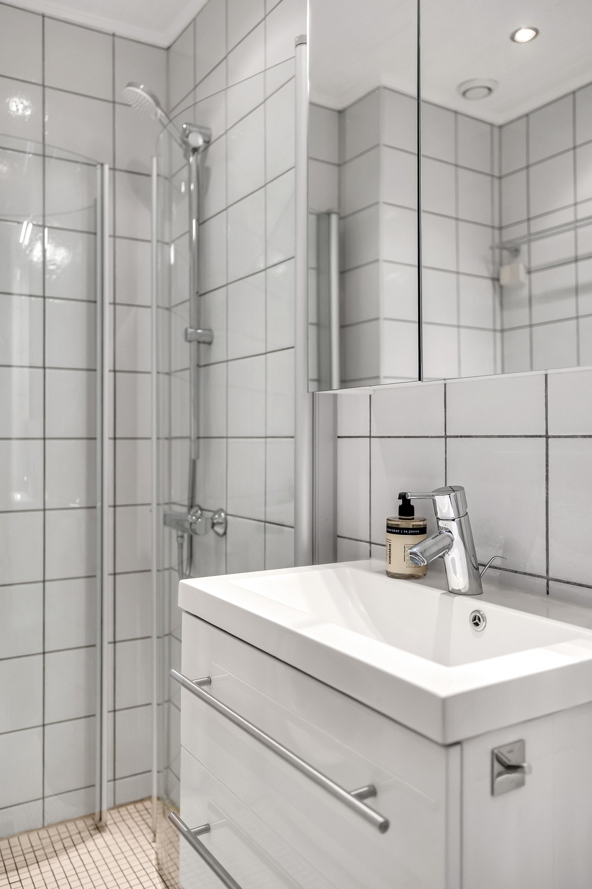 Innredningen inkluderer servant med underskap, speilskap på vegg, dusj med innfellbare glassdører, vegghengt toalett og opplegg for vaskemaskin. Galleribilde