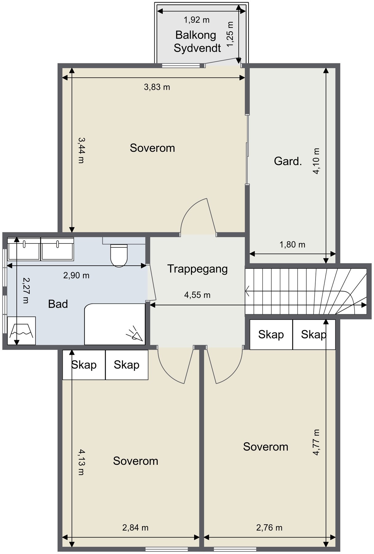 2. etasje er består av 3 soverom, bad og garderobe og er på til sammen 51 kvm Galleribilde