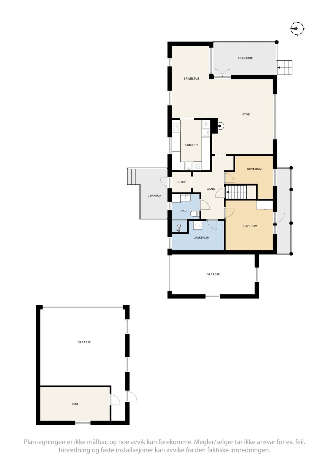 Hovedetasjen har en praktisk planløsning med stue, kjøkken, to soverom og bad/vaskerom. Totalt BRA-i for etasjen er 93 m². Galleribilde