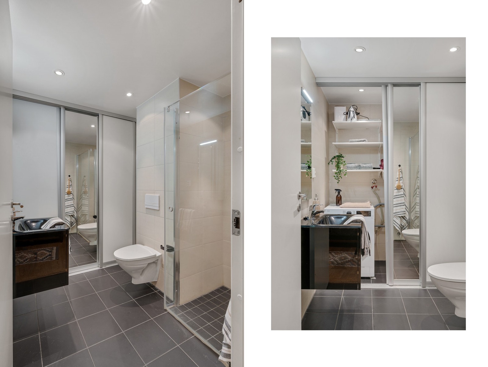 Smart løsning med skjult vaskemaskin/tørketrommel og hyller til oppbevaring Galleribilde