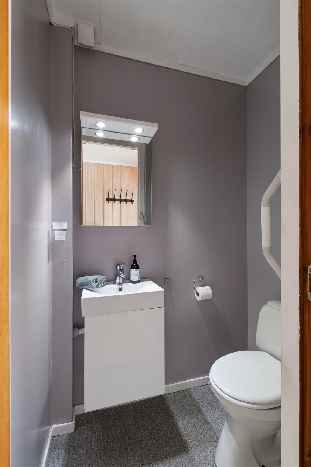 Toalettrom:
Rommet har belegg på gulvet. Malte plater på veggene. Taket har malte takplater. Servant med underskap. Gulvmontert toalett. Galleribilde