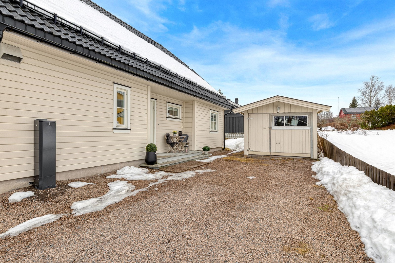 Ved inngangspartiet er inngangsdør innkravet i huskroppen slik at det blir tak over plassen ved inngangsdøren, denne plassen er også en hyggelig uteplass for en rolig kaffestund Galleribilde