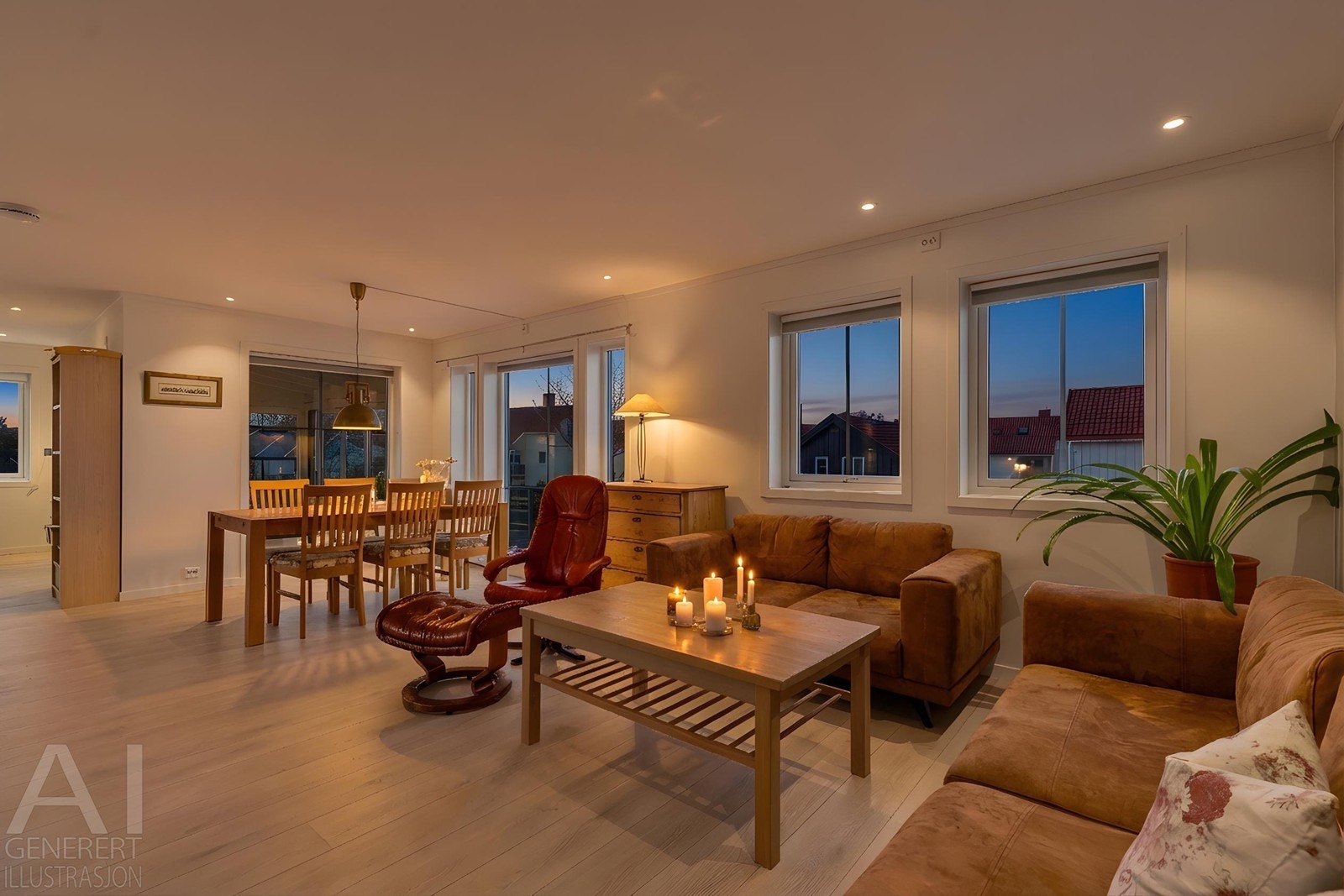 Stue med spisestue (illustrasjonsfoto kveld). Galleribilde