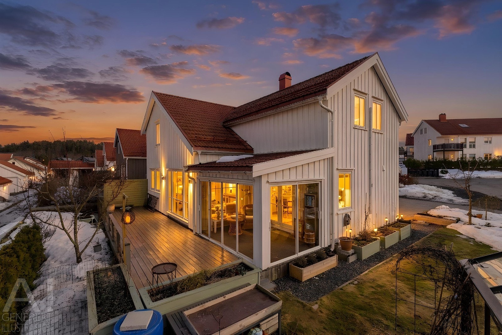 Boligen har en meget flott beliggenhet på solrik hjørnetomt i den nyeste delen av Nidelvåsens nyeste boligfelt, et attraktivt boligområde for både unge og gamle med nærhet til Nidelva, flotte turområder, barnehager og skoler. (Illustrasjonsfoto kveld). Galleribilde