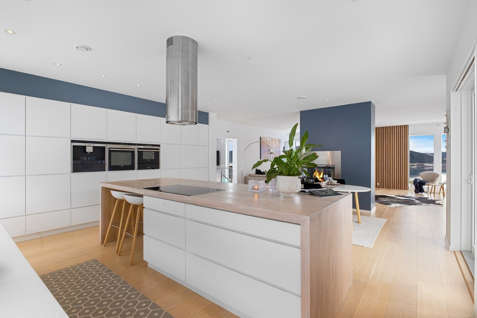 Det er kaffemaskin, stekeovn og mikro. Disse er plassert svært praktisk til. Fritthengende ventilator og koketopp a-la induksjon. Galleribilde