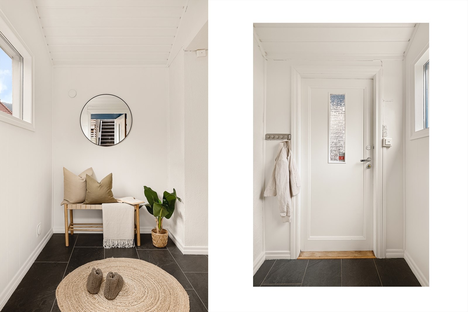 Velkommen inn! Praktisk vindfang med plass til oppbevaring. Varmekabler Galleribilde