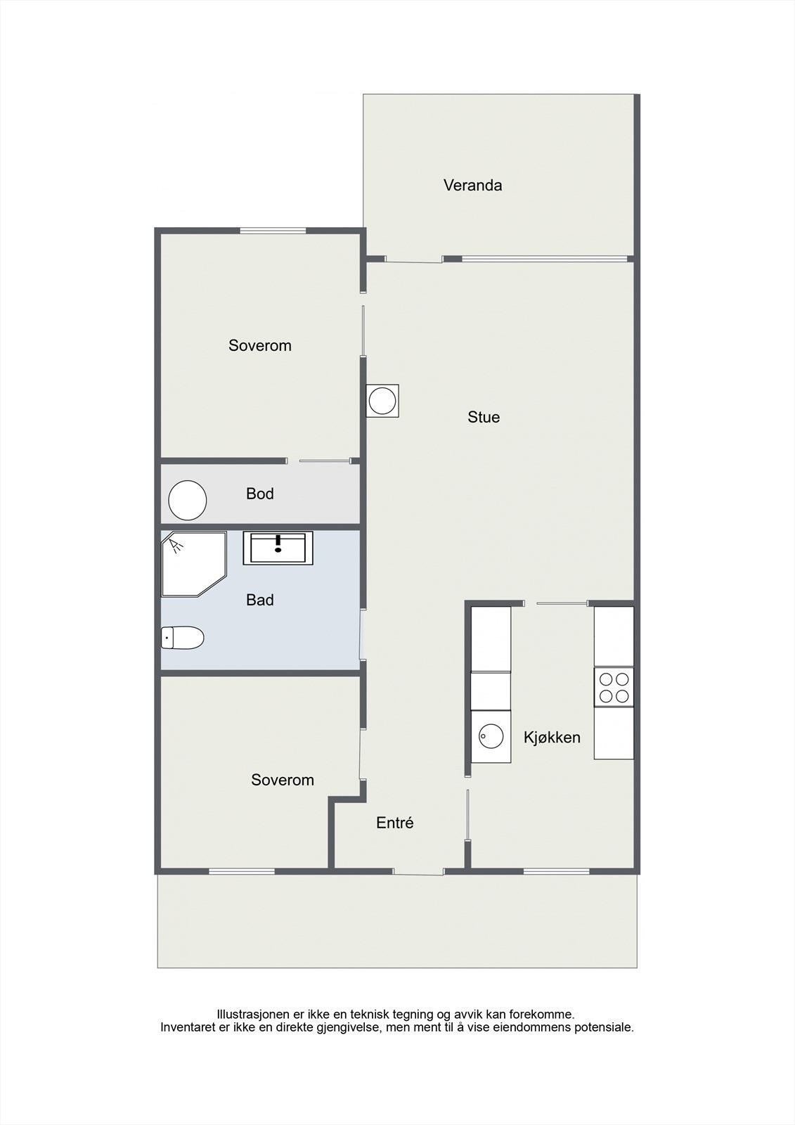 Leiligheten har en arealeffektiv planløsning på 69 m² med to soverom, separat kjøkken og stue. Galleribilde