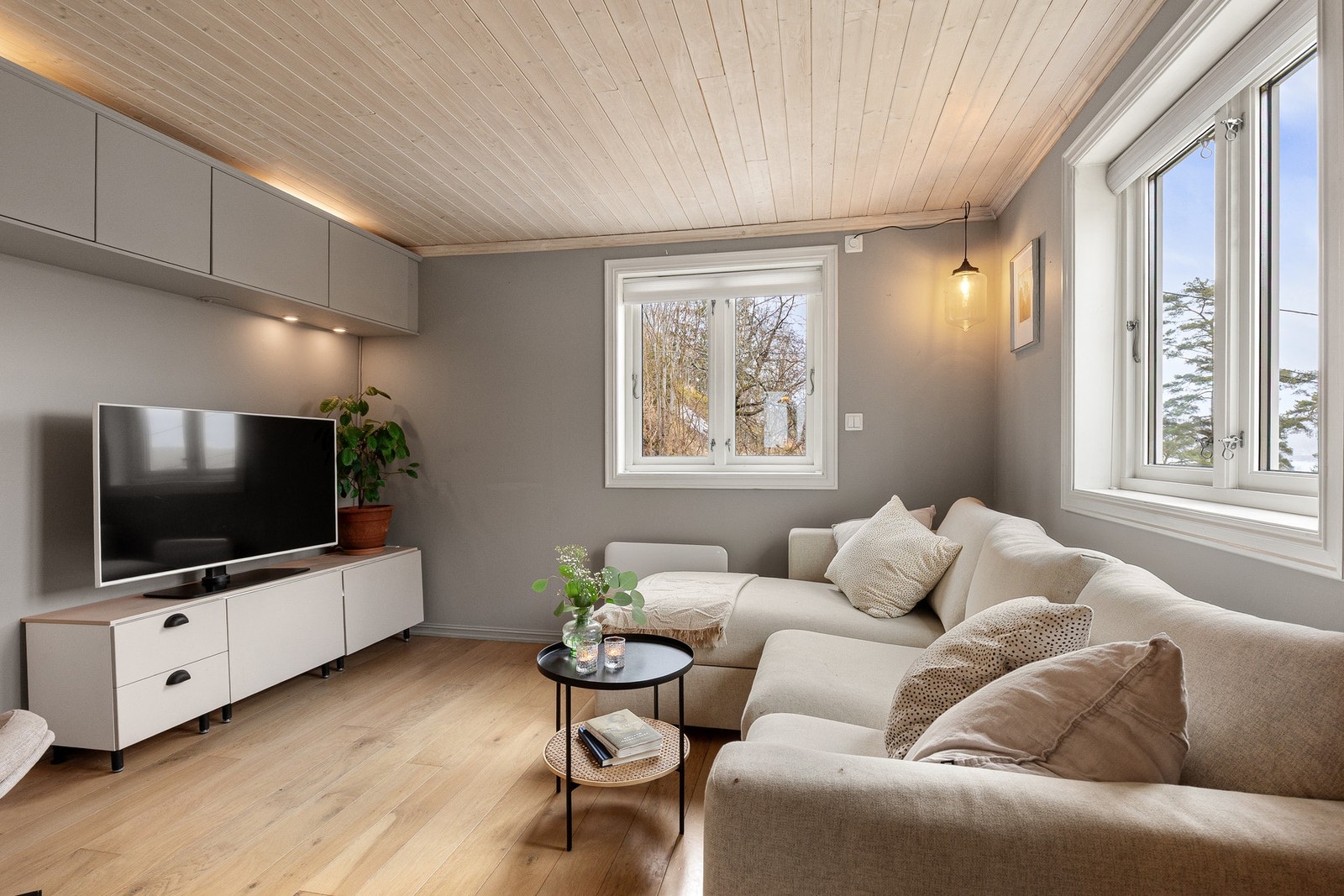 Det er plass til sofagruppe med tilhørende møblement. Oppbevaring over TV-benk sikrer rikelig med oppbevaring. Galleribilde