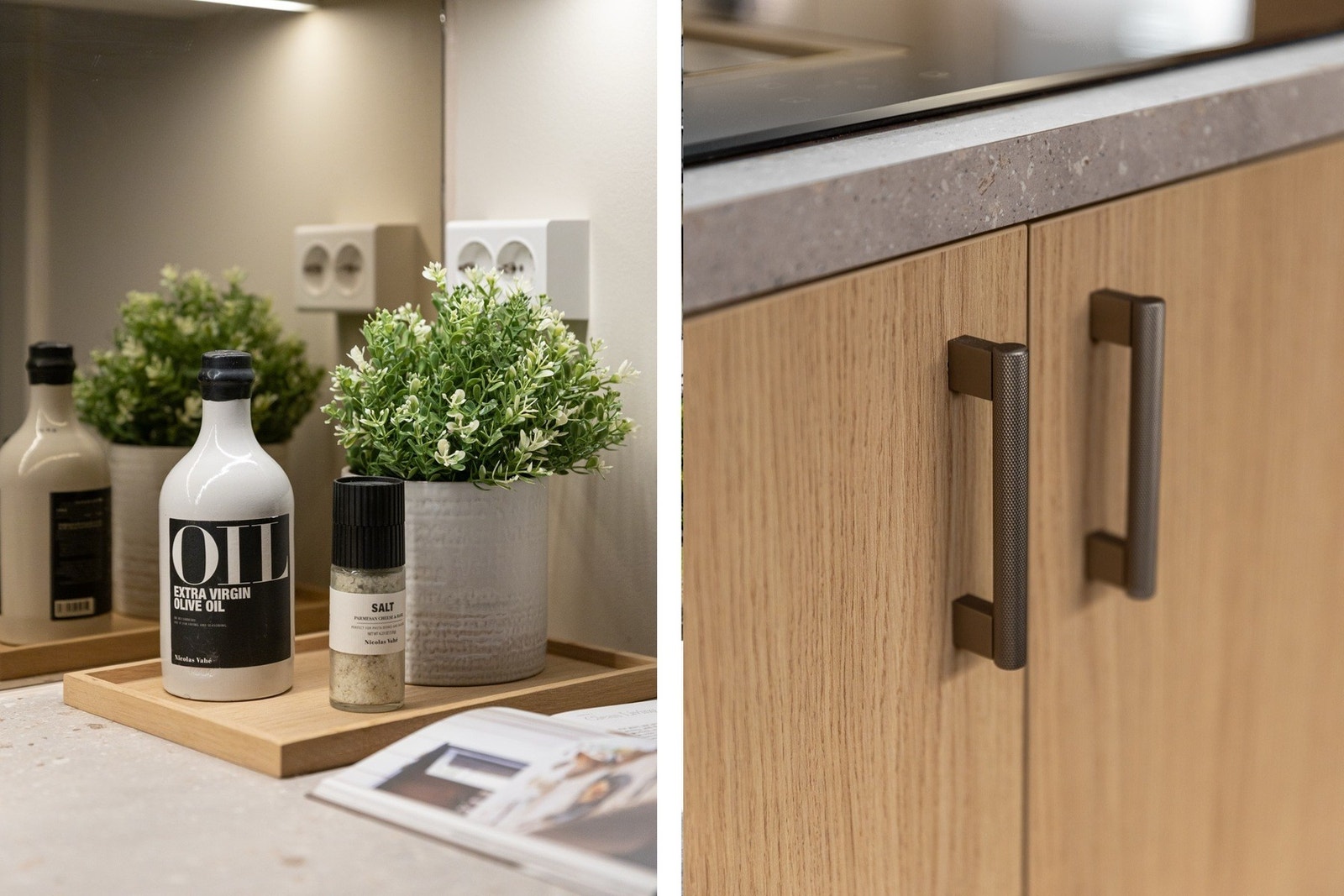 Håndtak og speil med belysning under skapene skaper et elegant uttrykk Galleribilde