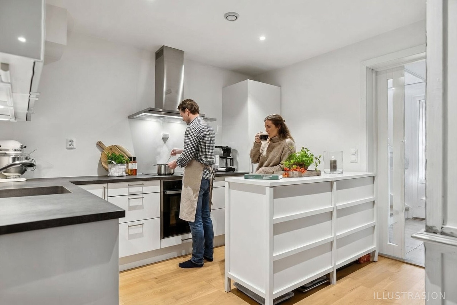 Kjøkkenet er utformet i praktisk vinkelløsning, som gir godt med benke- og arbeidsplass. Galleribilde