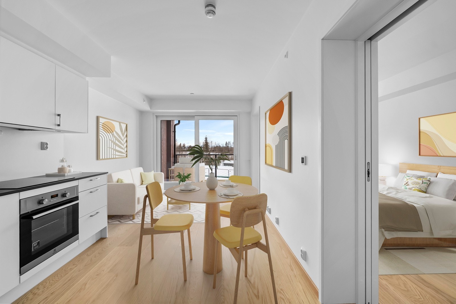 Oppvarming med fjernvarme via radiatorer, samt balansert ventilasjon med varmegjenvinning. En meget energieffektiv bolig! Bildet er digitalt stylet. Galleribilde