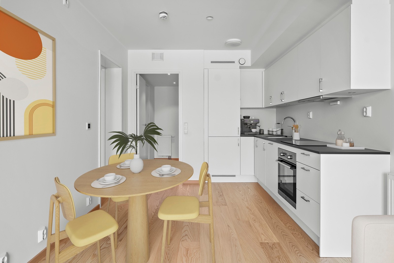 Lekkert kjøkken utformet i vinkel, med integrerte hvitevarer. Bildet er digitalt stylet. Galleribilde