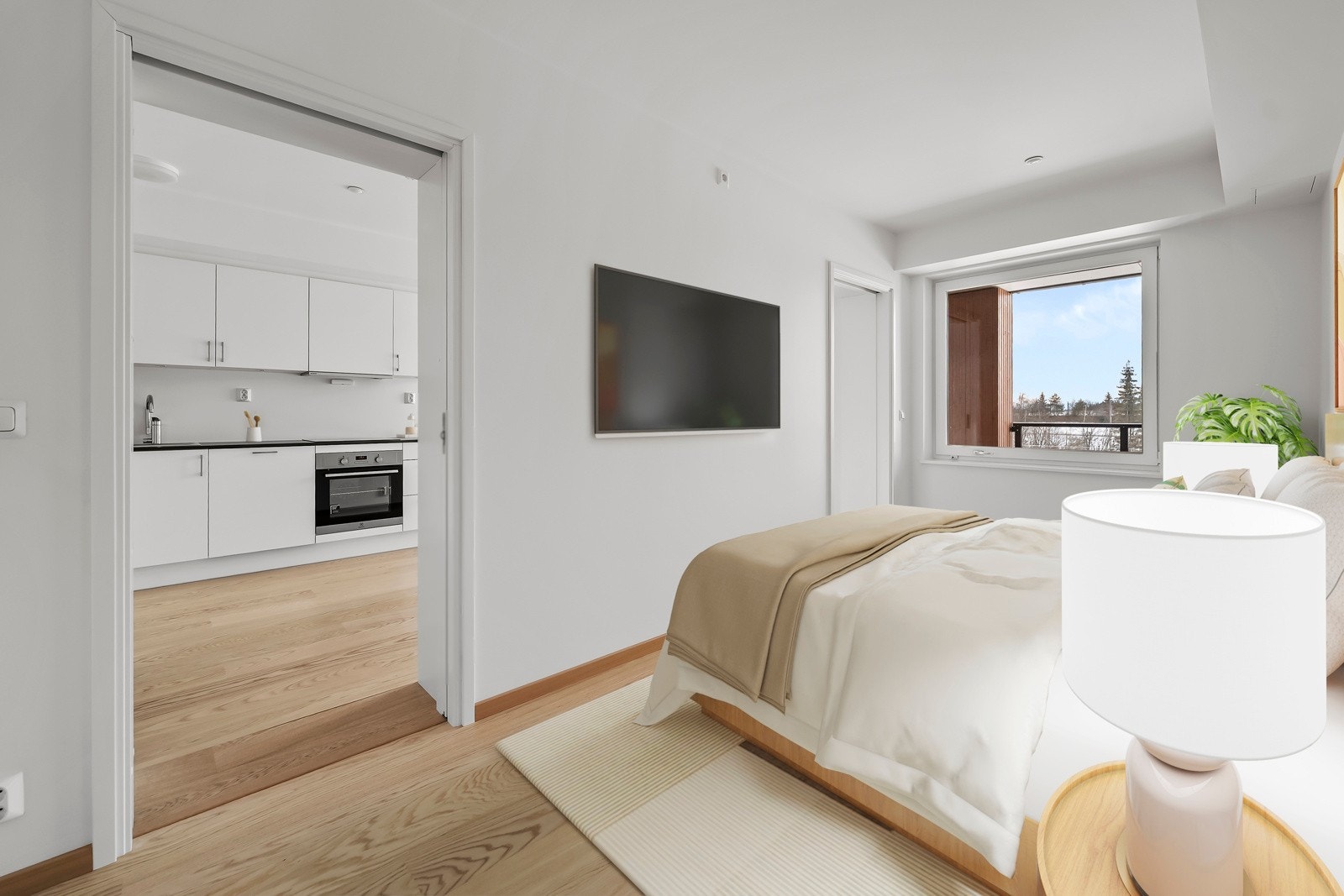 Soverommet har god plass til en større dobbeltseng med tilhørende nattbord. Bildet er digitalt stylet. Galleribilde