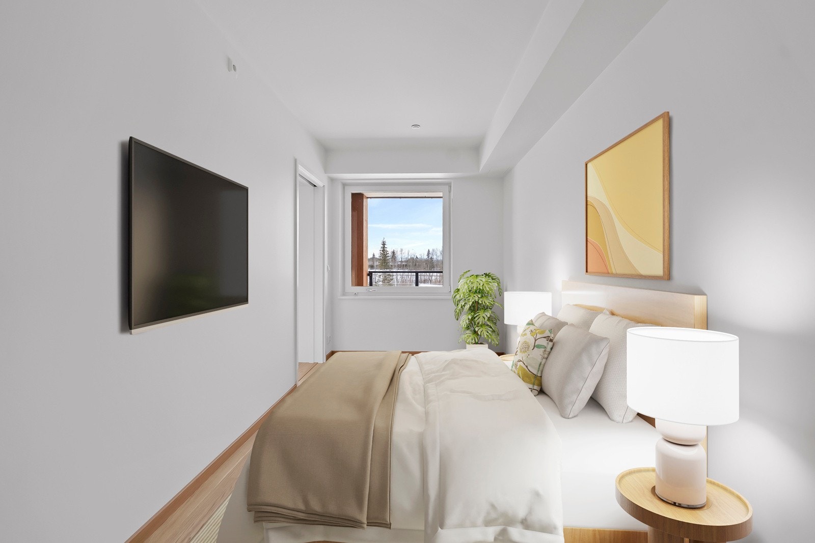 Soverommet har god plass til en større dobbeltseng med tilhørende nattbord. Bildet er digitalt stylet. Galleribilde