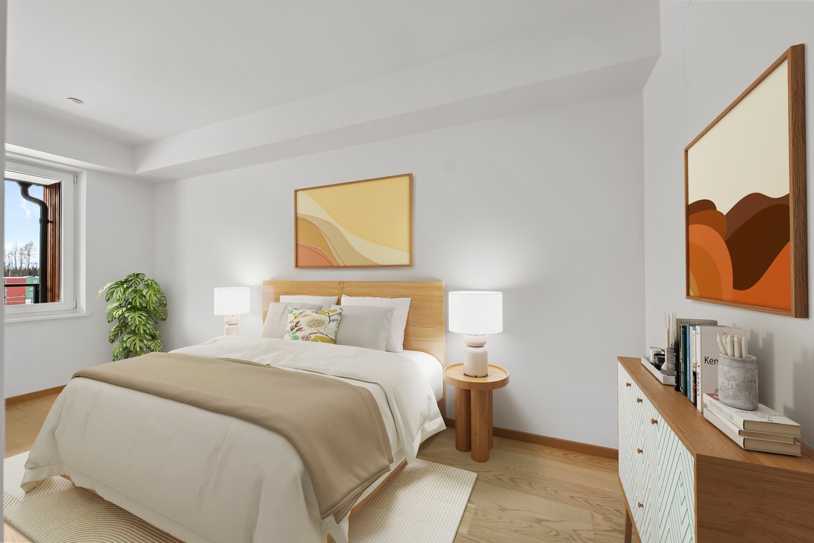 Lyst og romslig soverom. Bildet er digitalt stylet. Galleribilde