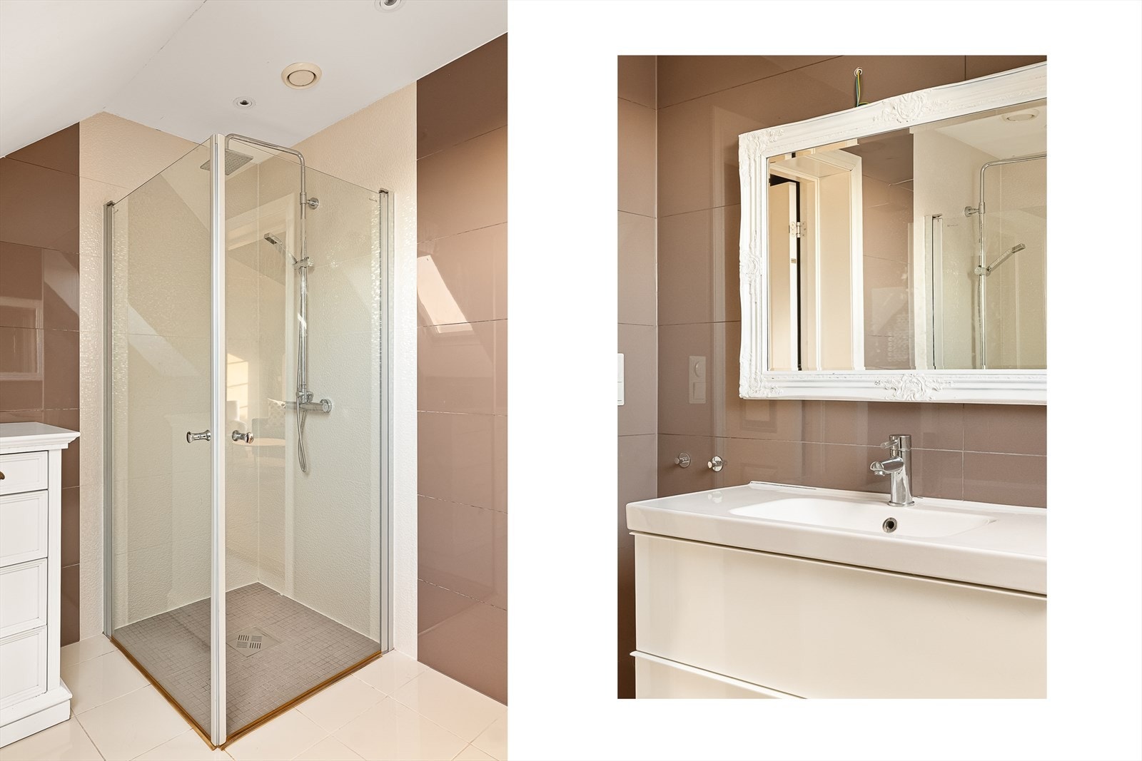 Bad er innredet med servant i møbel, vegghengt toalett og innfellbare dusjdører i glass. Galleribilde