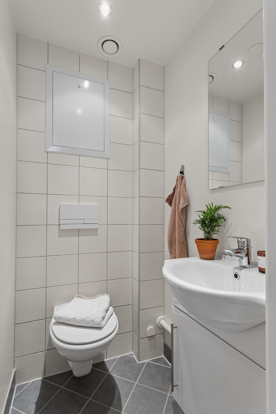 Praktisk, separat toalettrom med vegghengt toalett og servantskap. Galleribilde