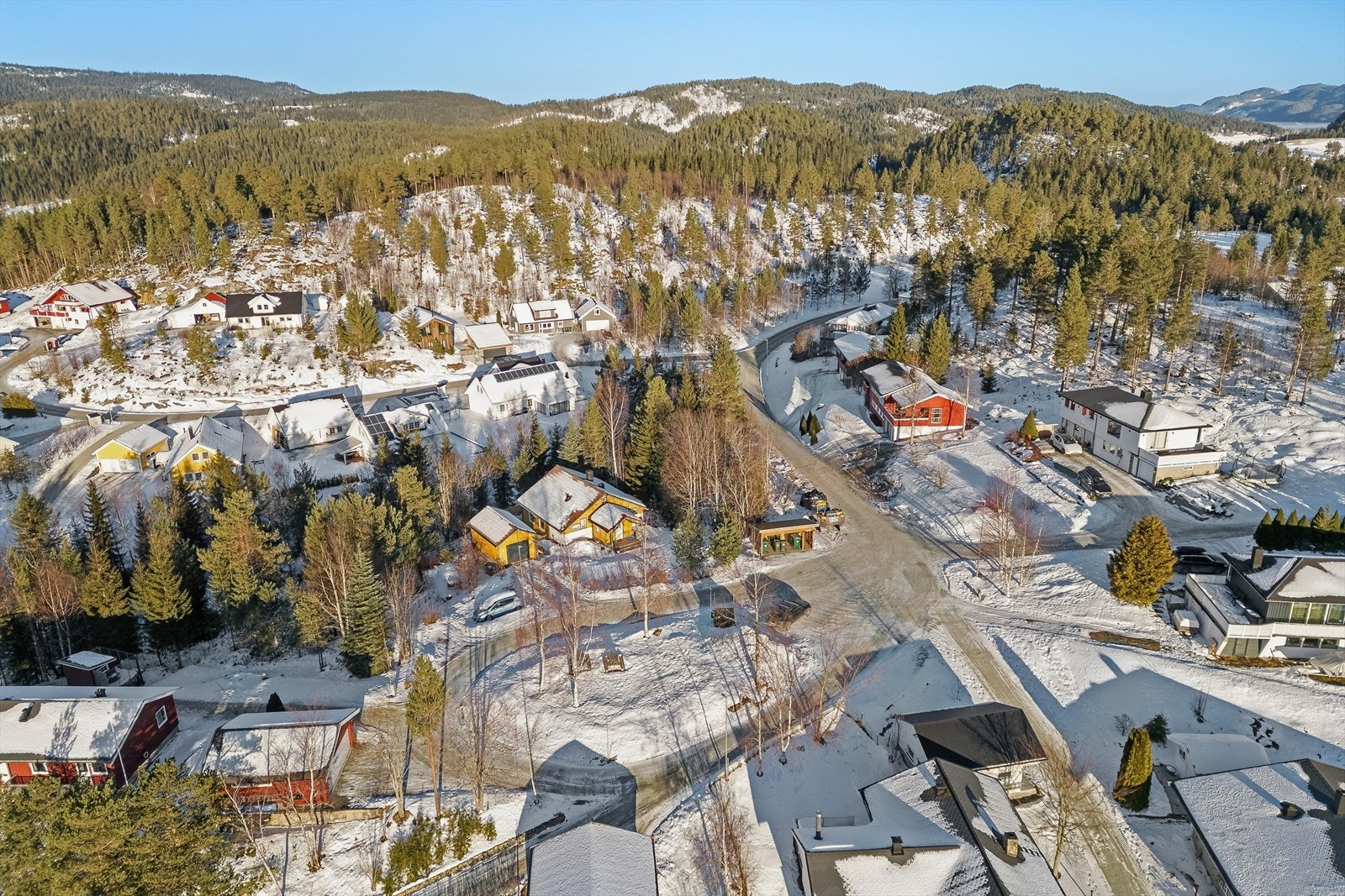 Dronebilde av tomten og omgivelsene Galleribilde