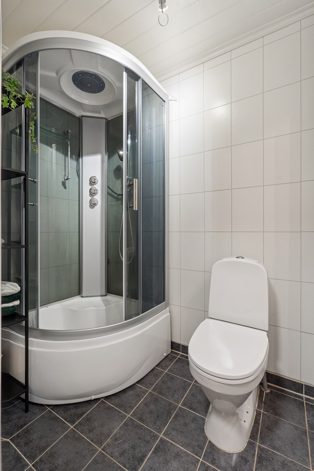 Badet er utstyrt med servantinnredning, toalett og et dusjkabinett fra 2021. Galleribilde