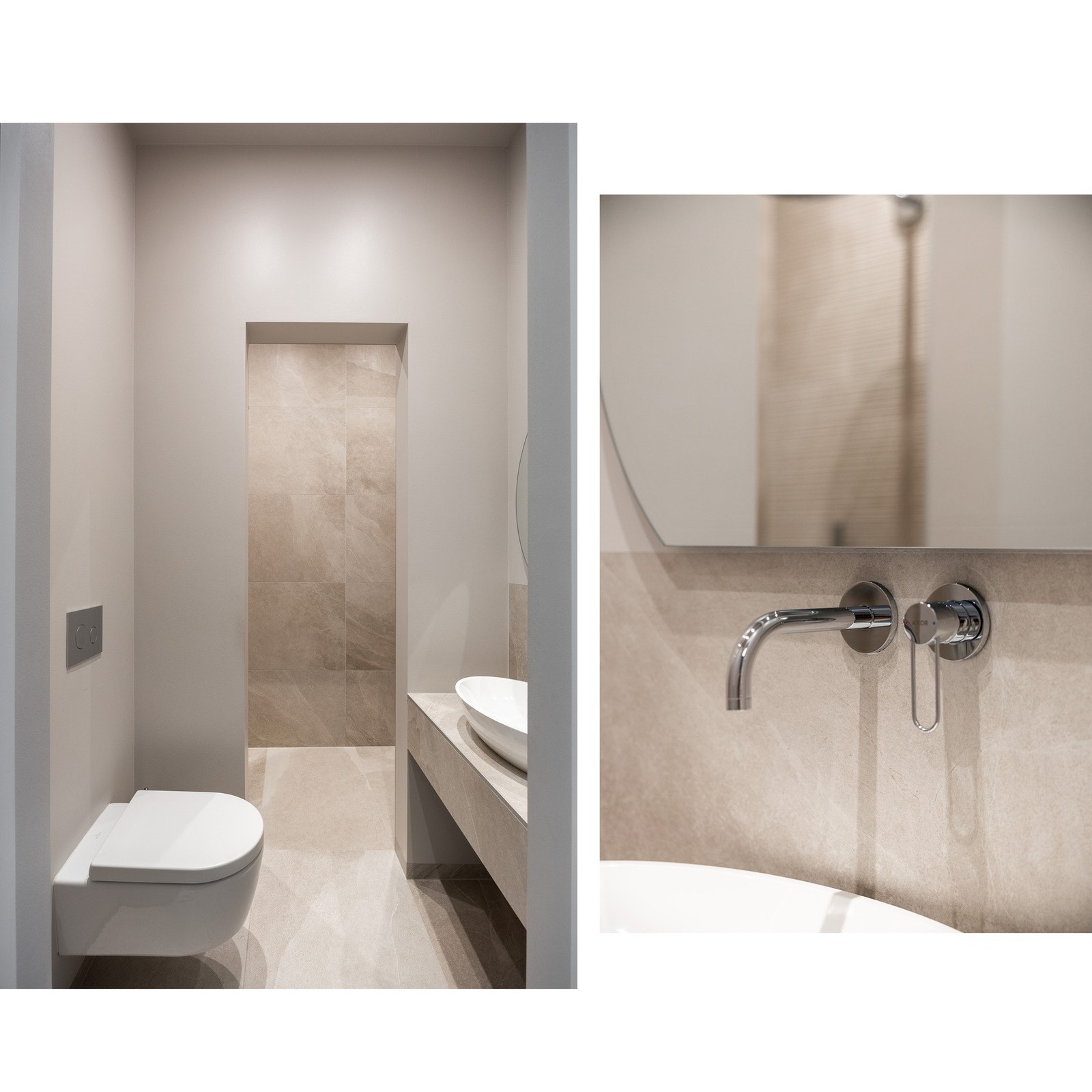 Dette badet er innredet med flislagt benk med ovenpåliggende servant, speil over servant med lys, samt vegghengt toalett. Galleribilde