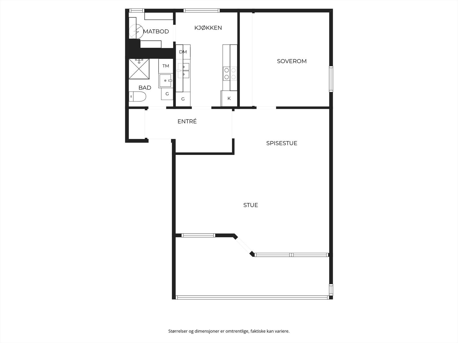 Plantegning av leiligheten slik den er i dag. Ved behov for et ekstra soverom, kan man enkelt tilbakeføre til opprinnelig løsning. Galleribilde