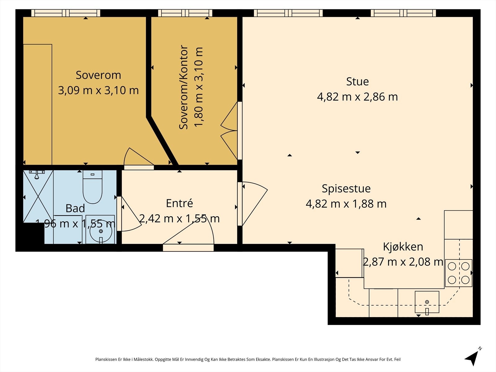 Alternativ planløsning hvor dagens romslige hovedsoverom er delt inn i to mindre soverom. Dette er kun ment som inspirasjon. Kjøper er selv ansvarlig for utføring og risiko forbundet med eventuell omgjøring. Galleribilde