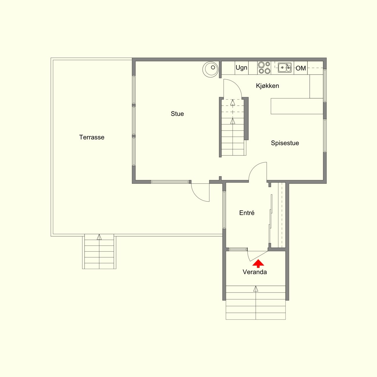 Vi starter i hovedetasjen, som ser slik ut. Galleribilde