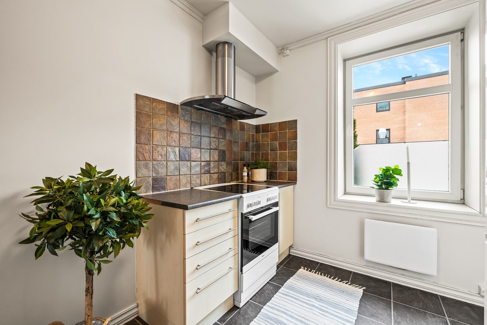 Kjøkken med innredning med glatte fronter, laminat benkeplate og ventilator med avtrekk ut. Galleribilde