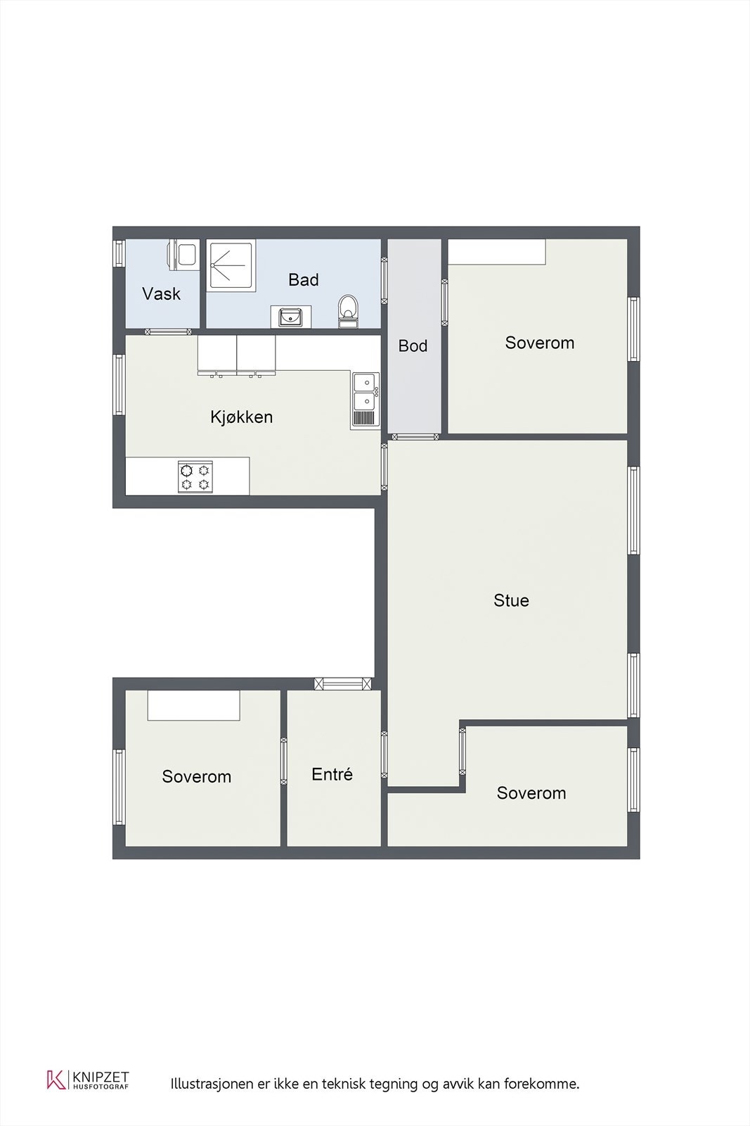 Leiligheten på 63 m² har en praktisk planløsning med tre soverom, stue, separat kjøkken, bad og vaskerom. Galleribilde