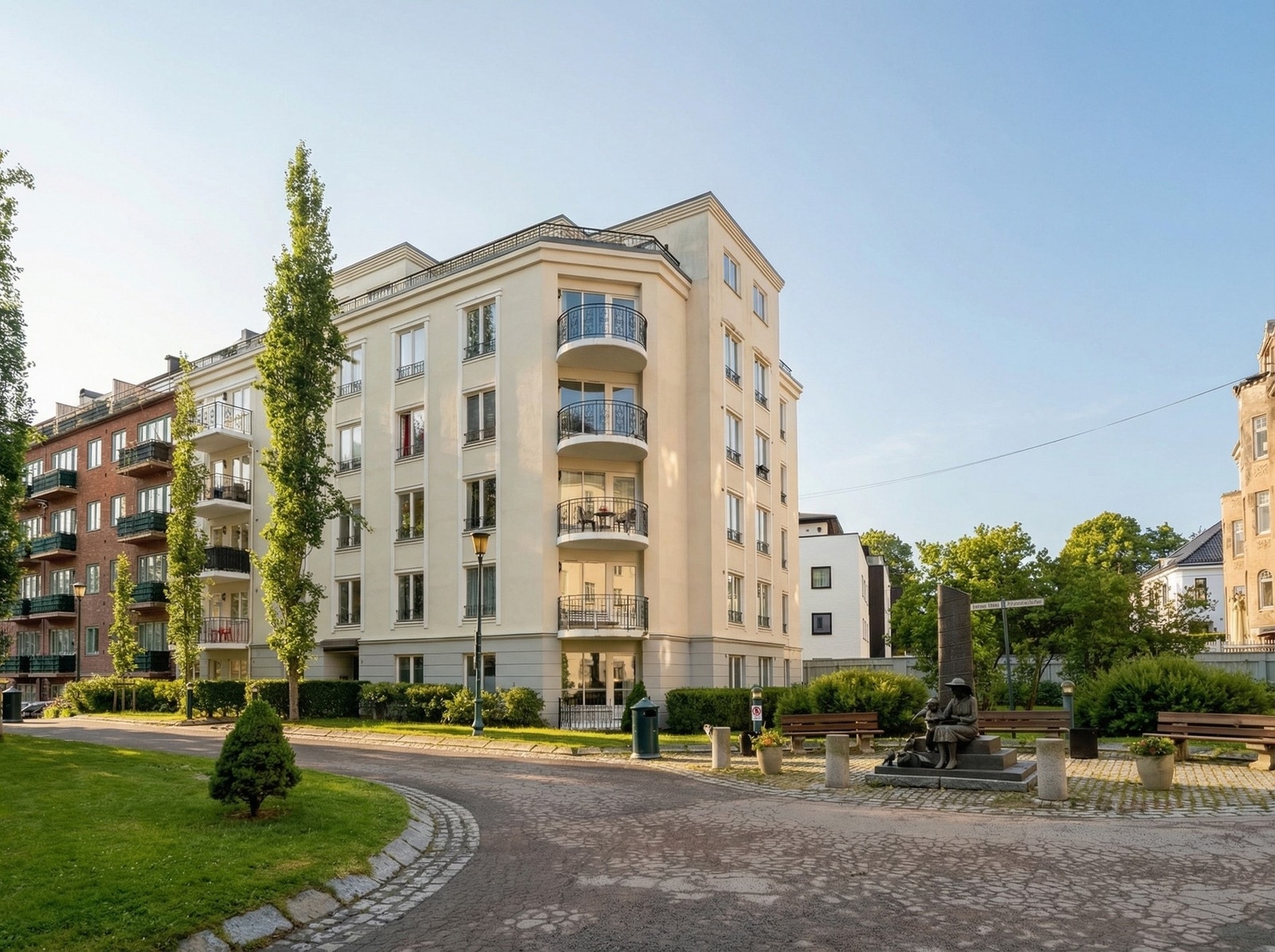 Leiligheten ligger i et meget populært, urbant og sentralt boligområde på Frogner i Oslo, men allikevel stille og tilbaketrukket. (Vær og grøntområder AI generert) Galleribilde