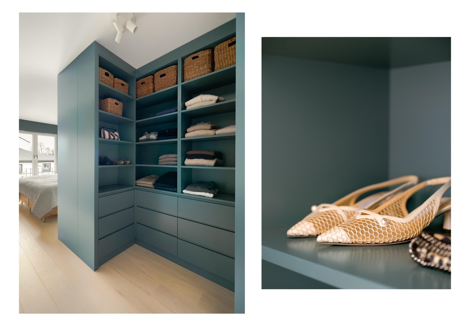 Hovedsoverommet har godt utnyttet walk-in løsning hvor klær kan ryddes pent bort i plassbygd garderobe Galleribilde