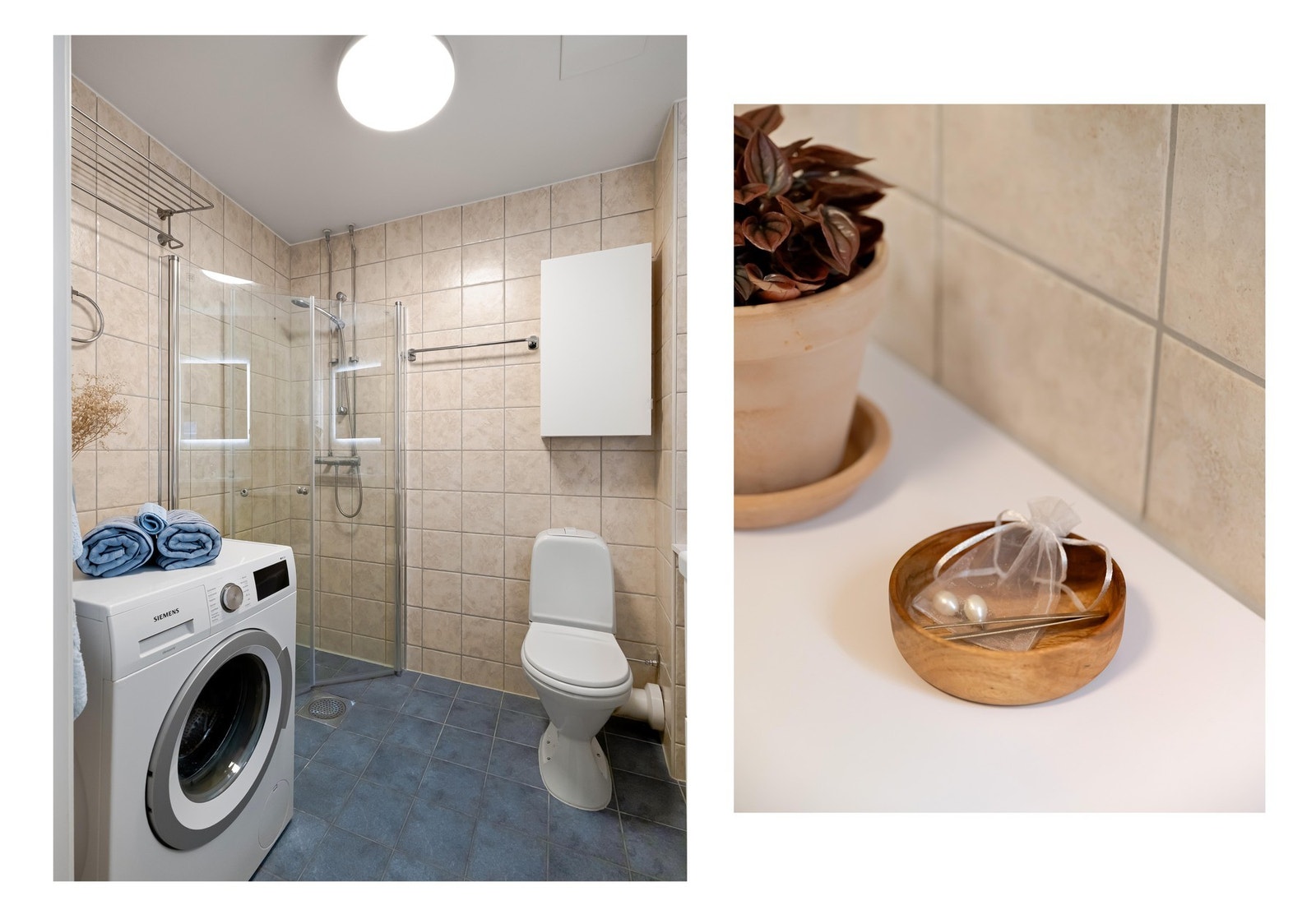 Det er innredet med blant annet dusjhjørne, toalett og servantskap. Det er naturligvis varme i gulvet og opplegg til vaskemaskin. Galleribilde