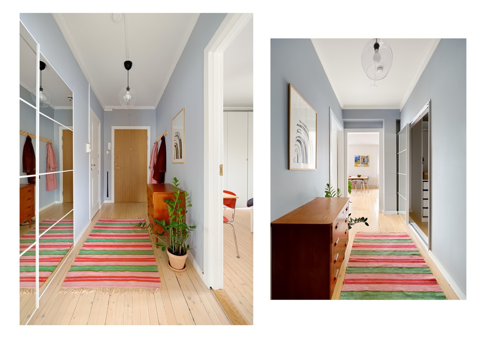 Entreen gir et svært godt førsteinntrykk av leiligheten, med plass til oppheng av yttertøy og sko. Galleribilde