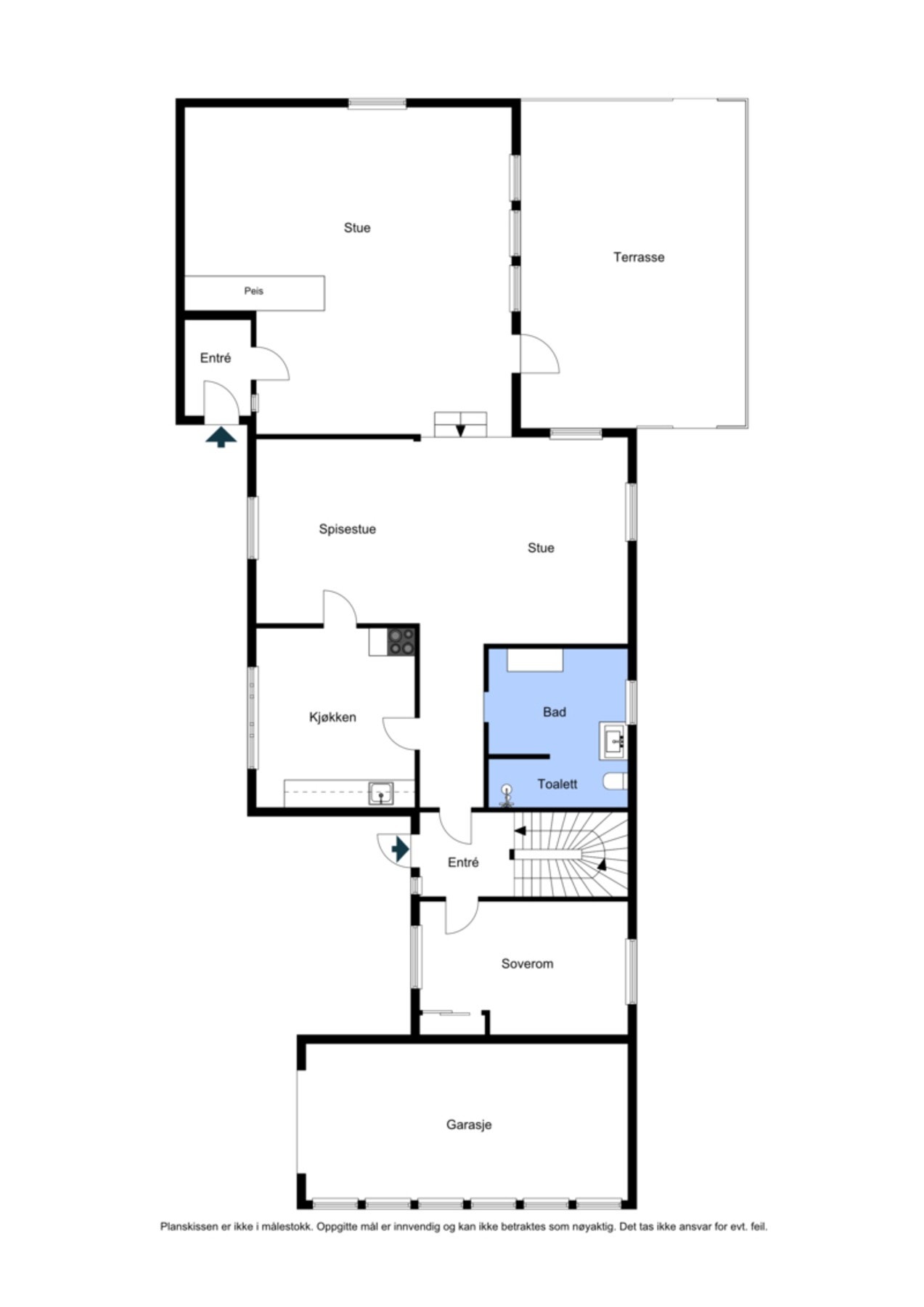 Plantegning 1.Etasje. Opplyser om lite avvik i plantegningen, bad og wc-rom er separat. Toalett på bad er plassert ved siden av servant. Galleribilde
