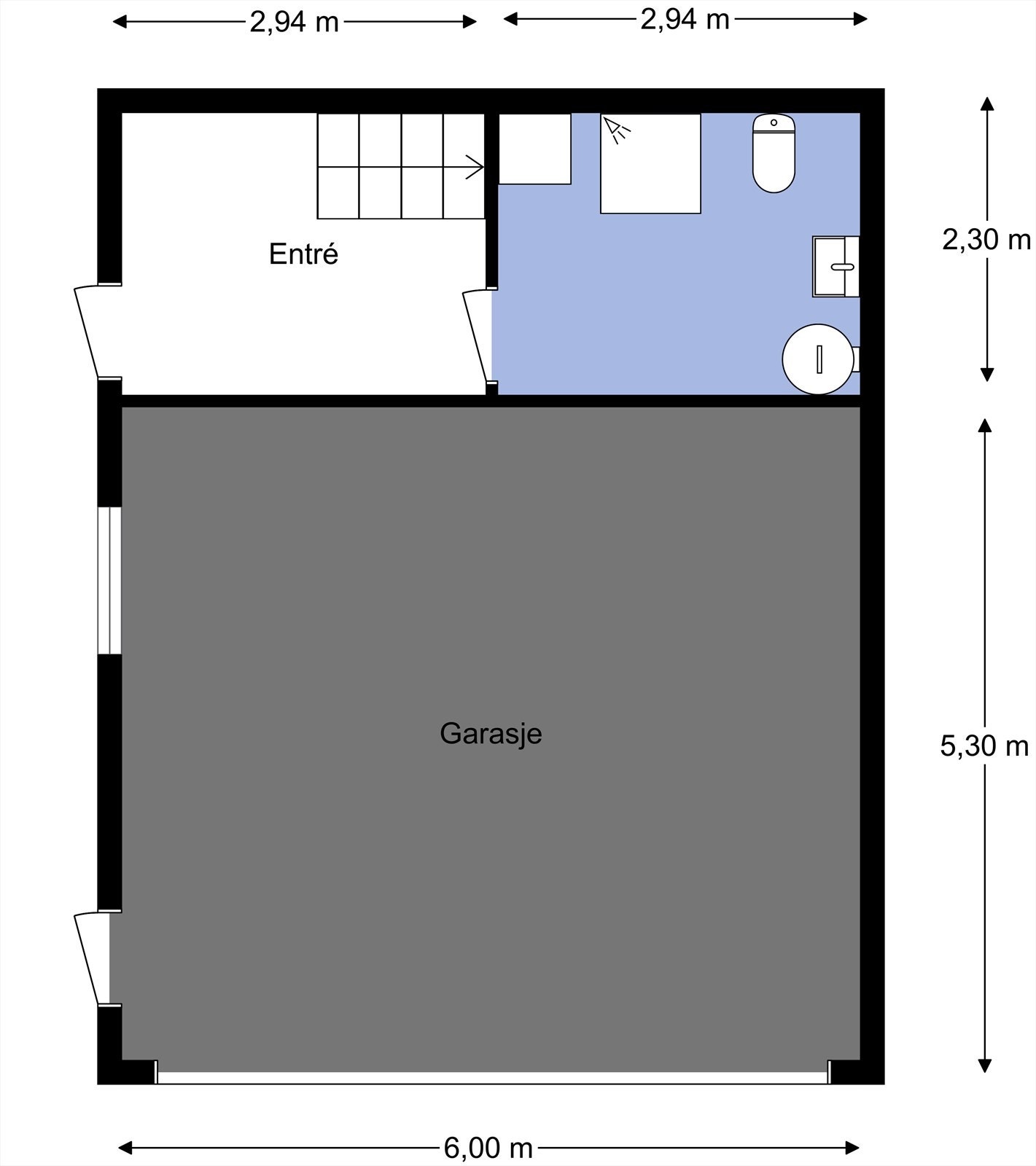 Plantegning garasjehusets 1.etg. Garasjen har plass til to biler, og entré og bad ligger i første etasje. Galleribilde
