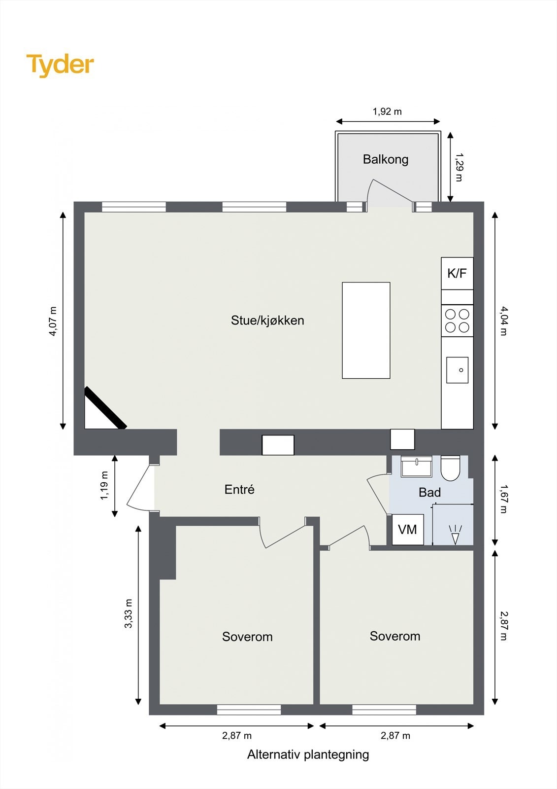 Alternativ planløsning. Det er uklart om veggen mellom den nye åpne stue-/kjøkkenløsningen er bærende. Tiltaket er
søknadspliktig. Galleribilde