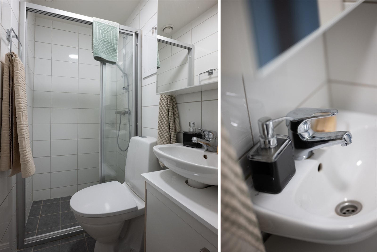 Badet består av frittstående wc, servant m/underskap, speil m/overlys og lukket dusjhjørne m/skyvedører Galleribilde