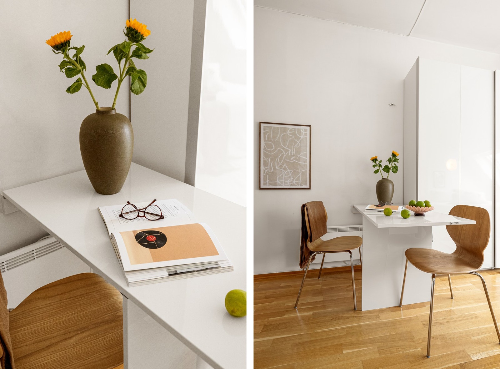 Det er laget en smart løsning med fastmontert, utfellbart spisebord som kan medfølge handelen. Galleribilde