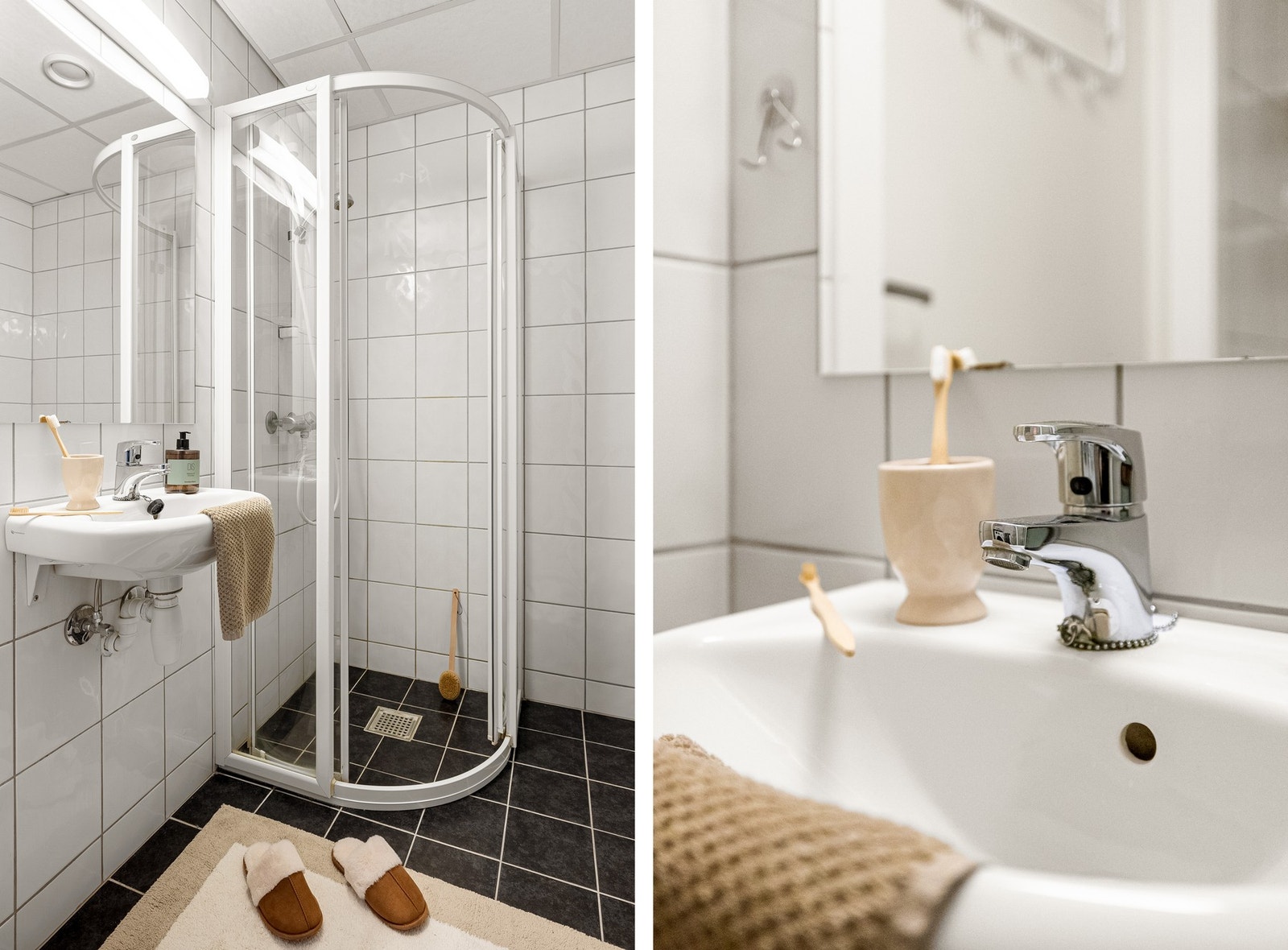 Badet er innredet med dusjhjørne, toalett og baderomsinnredning, samt opplegg for vaskemaskin. Galleribilde