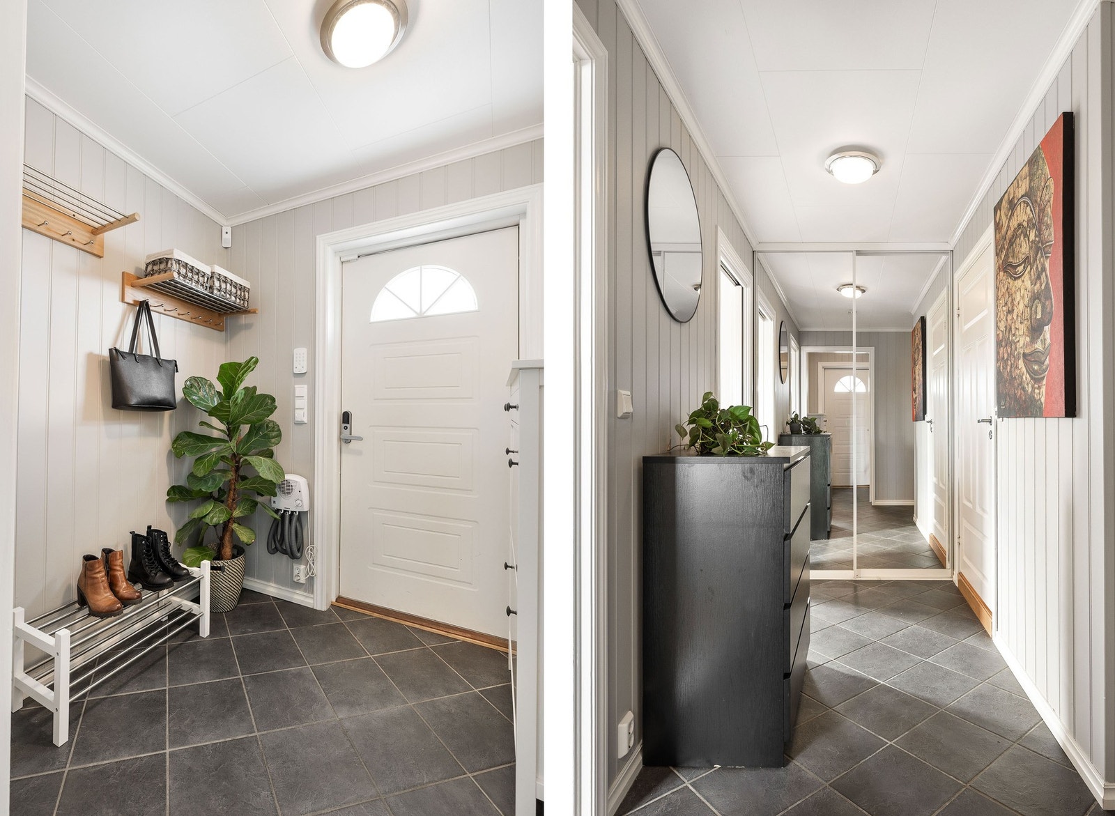 Inngangsparti som har plass til organisering yttertøy og sko Galleribilde