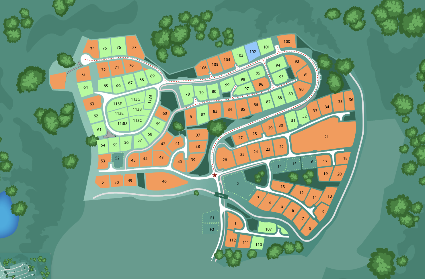 Oppdatert tomtekart FEB-26. Lysegrønn ledig - orange solgt - mørkegrønne Nøkkelferdige boliger - lyseblå reservert Galleribilde