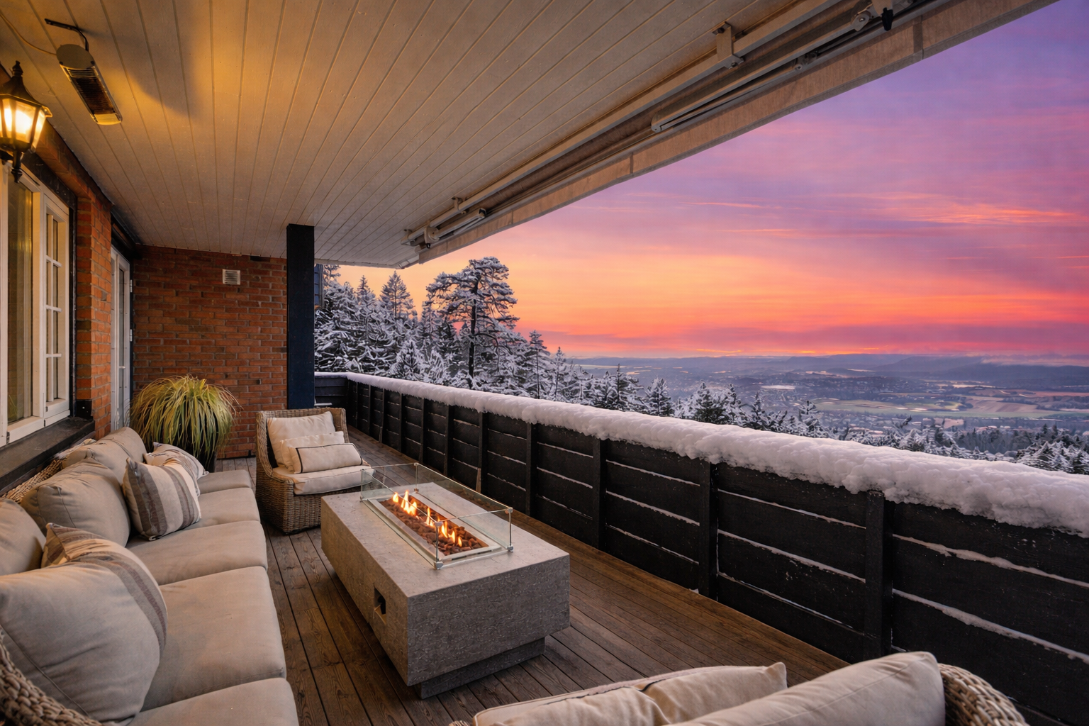 Lun og hyggelig overbygget balkong med varmelamper. Utsikt mot Oslofjorden og Haga golfbane Galleribilde