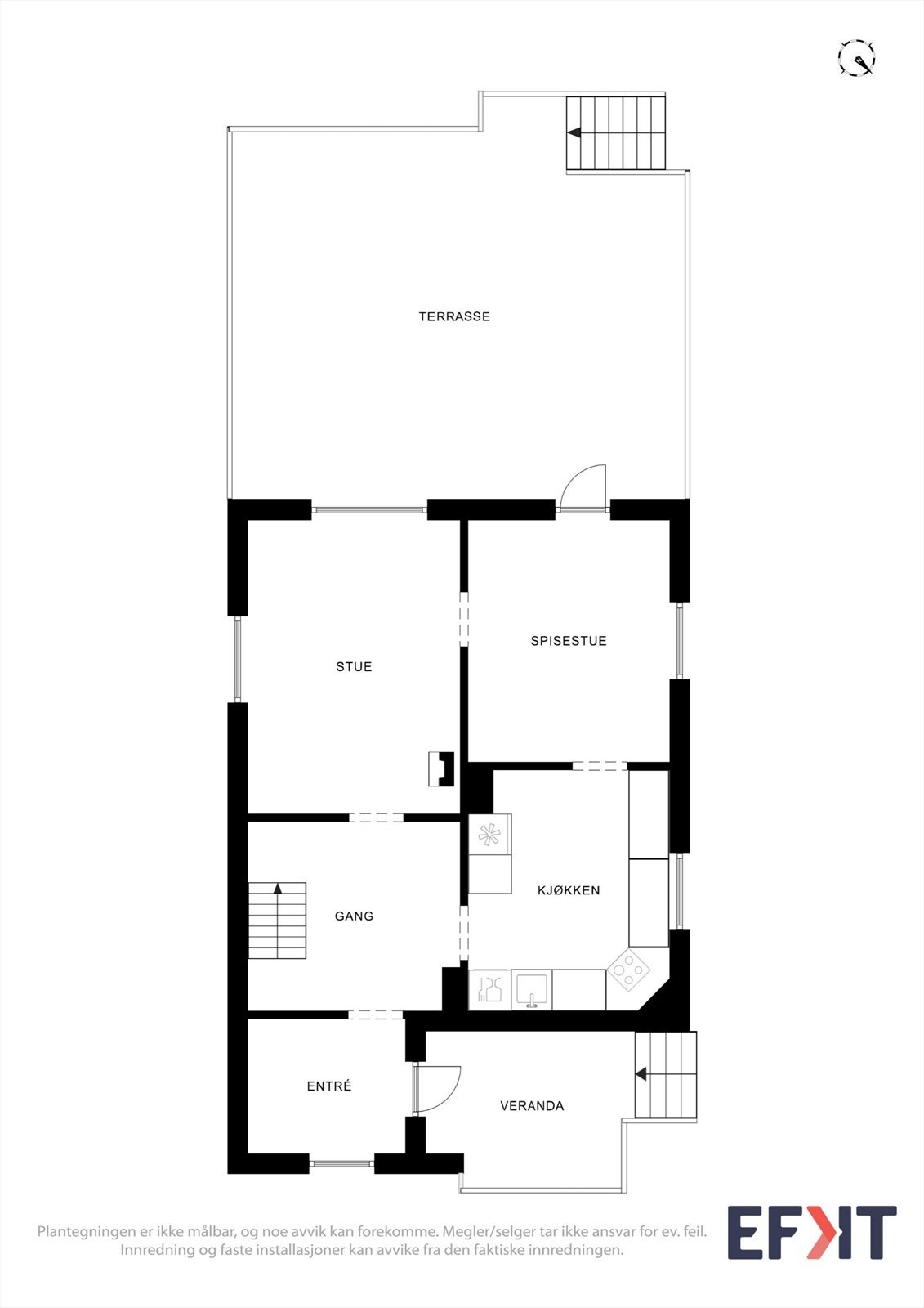 Første etasje har en sosial planløsning med stue, spisestue og kjøkken, samt direkte utgang til terrassen. Galleribilde
