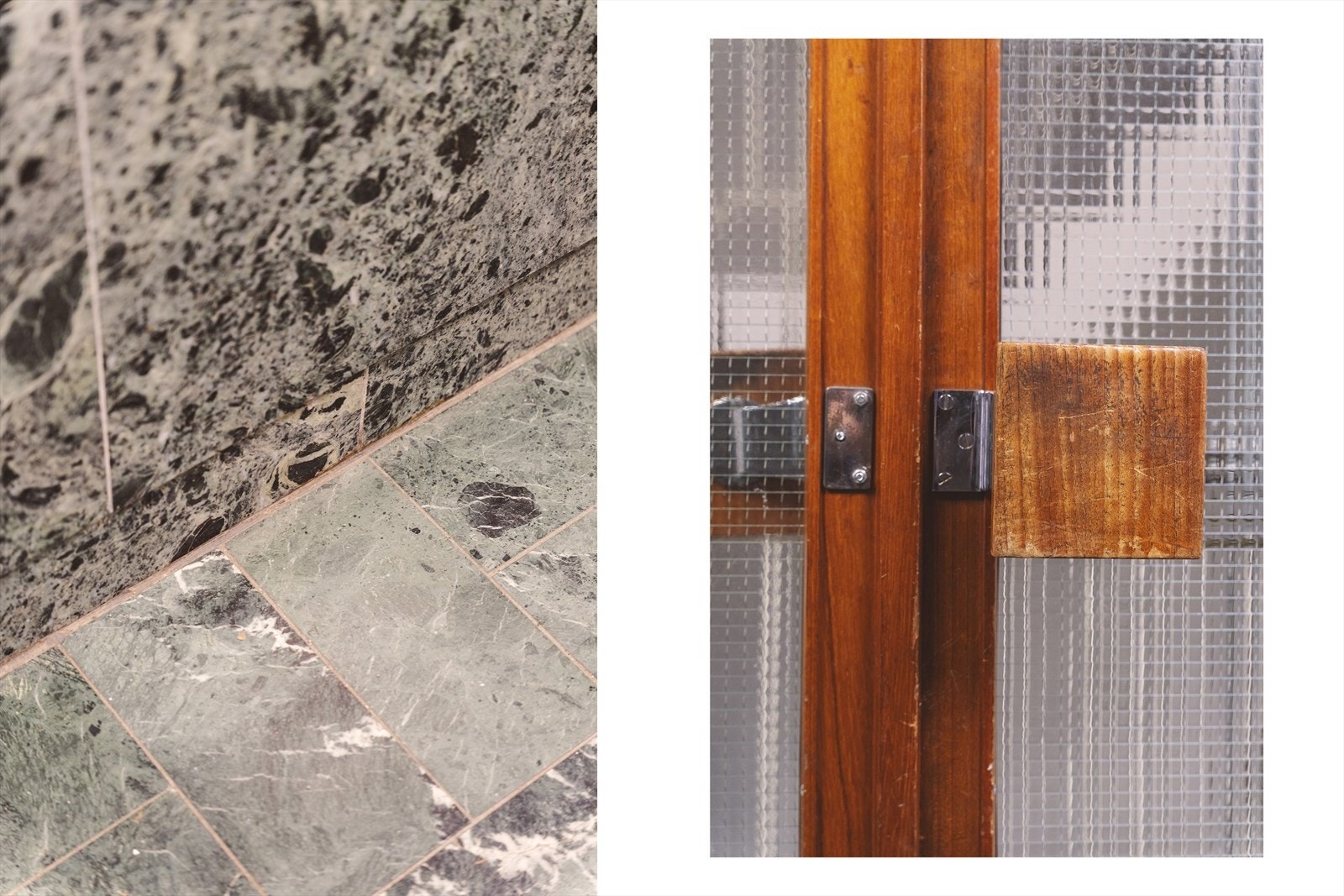 Inngangspartiet har beholdt det arkitektoniske utrykket med stein og tre. Doble dører opp til trapper Galleribilde