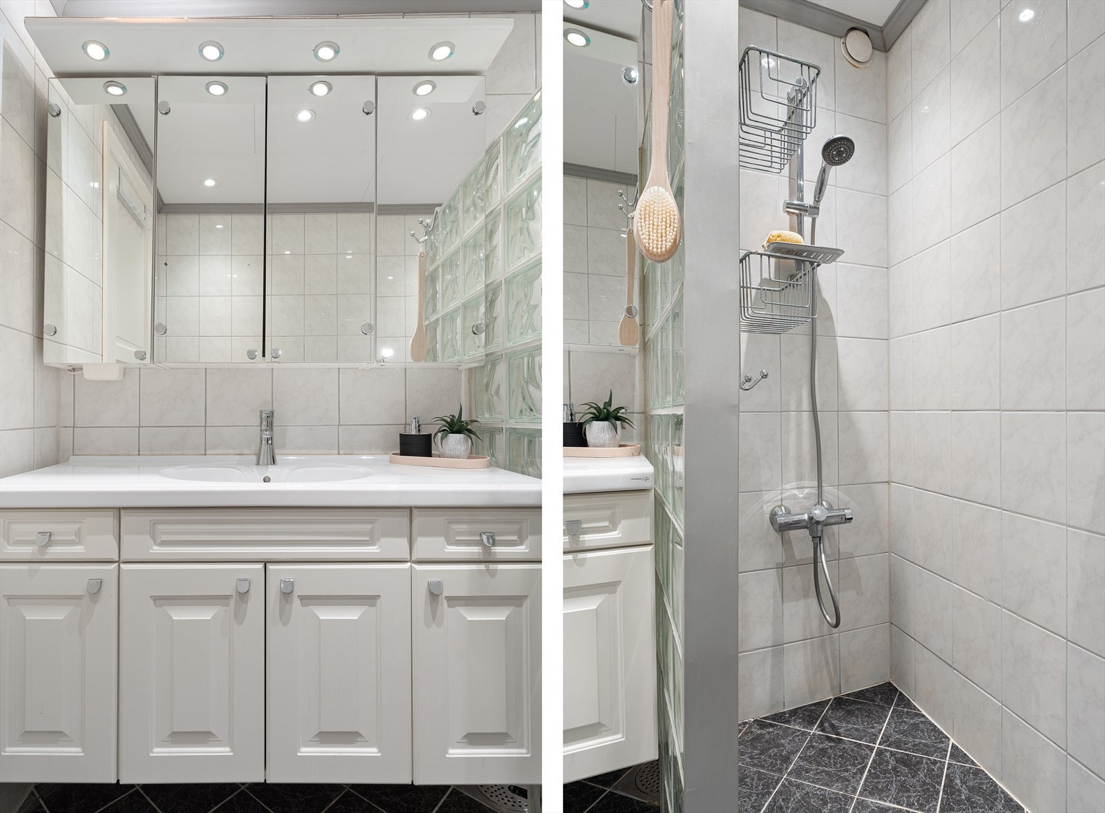 Dusjsone avskjermet med skillevegg som begrenser vannsøl og gir en praktisk soneinndeling. Galleribilde