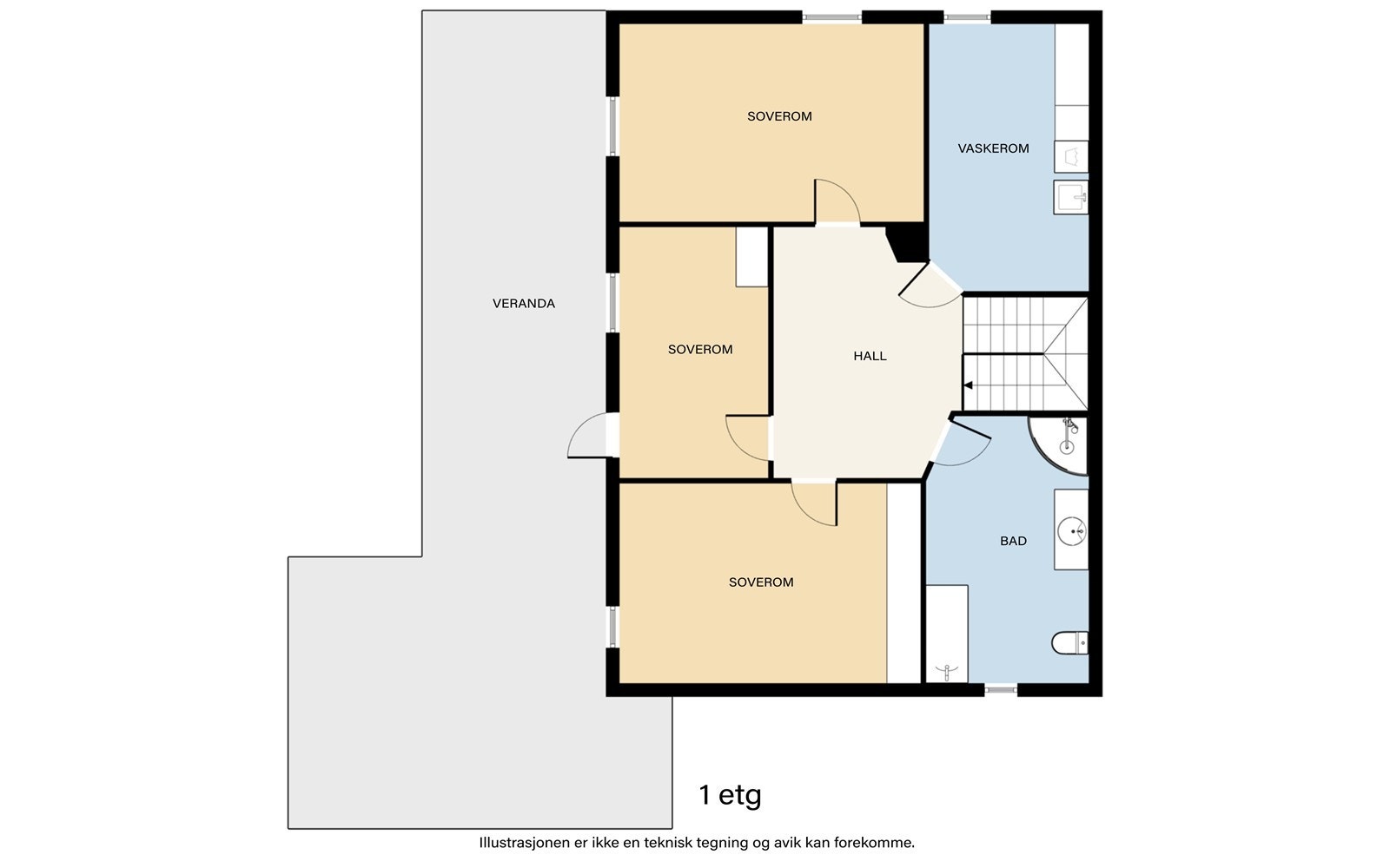 Underetasjen er innredet med tre soverom, et stort bad, vaskerom og hall. Galleribilde