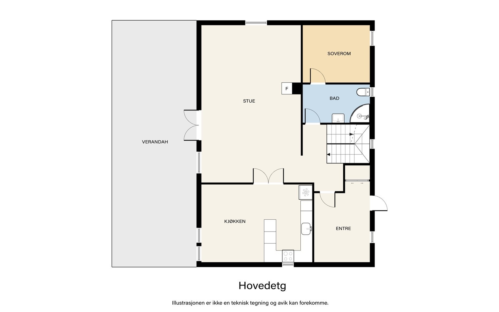 Hovedetasjen har en sosial og åpen planløsning med stue og kjøkken, ett soverom og bad. Galleribilde