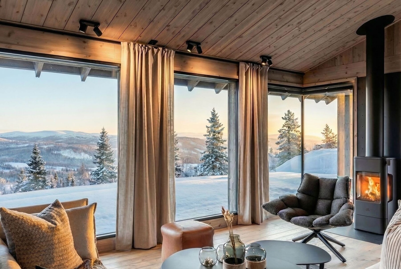 Utsikten fra stua i en Vy. Her kan morgenkaffen nytes! Foto fra vår visningshytte - utsikten er AI redigert. Galleribilde