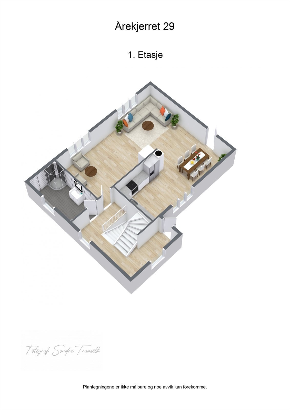 Planløsning 1.etg.: entre, bad, åpen stue/kjøkkenløsning med tilkomst til terrasse og hageområde. Galleribilde